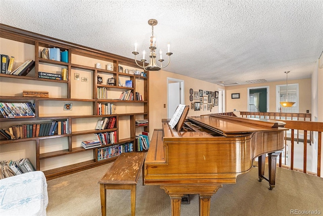 8002 Field Ct, Arvada, CO 80005 - sitting room with carpet, a textured ceiling, a chandelier, and an upstairs landing
