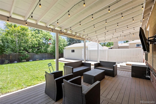 2582 S Uno Way, Denver, CO 80219 - wooden terrace featuring an outdoor living space and a fenced backyard