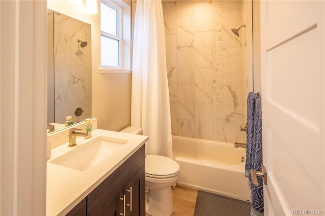 full bathroom featuring shower / bathtub combination with curtain, toilet, vanity, and wood-type flooring