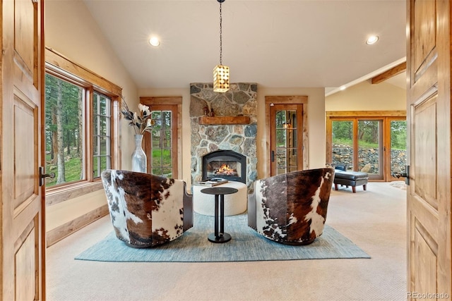 2929 Highlands View Rd, Evergreen, CO 80439 - carpeted living area featuring plenty of natural light, recessed lighting, and a fireplace