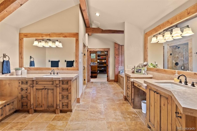 2929 Highlands View Rd, Evergreen, CO 80439 - full bathroom with two vanities, tiled shower, and a walk in closet
