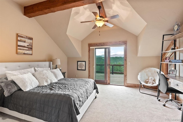 2929 Highlands View Rd, Evergreen, CO 80439 - bedroom with access to outside, carpet flooring, a mountain view, and a ceiling fan