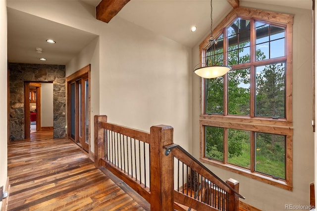 2929 Highlands View Rd, Evergreen, CO 80439 - hall featuring hardwood / wood-style flooring, an upstairs landing, recessed lighting, beam ceiling, and high vaulted ceiling