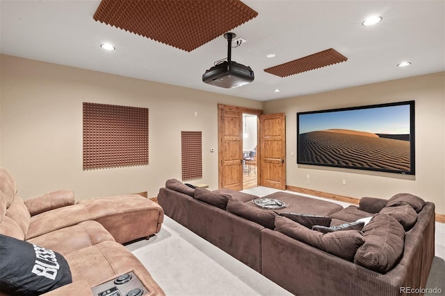 2929 Highlands View Rd, Evergreen, CO 80439 - cinema room featuring carpet flooring and recessed lighting