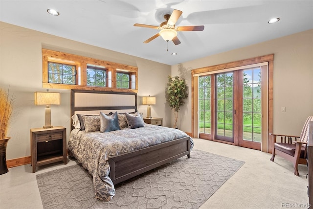 2929 Highlands View Rd, Evergreen, CO 80439 - carpeted bedroom with access to exterior, recessed lighting, and ceiling fan