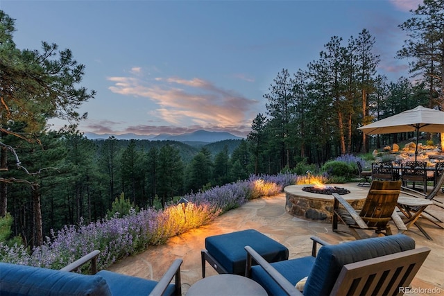2929 Highlands View Rd, Evergreen, CO 80439 - view of patio with a fire pit and a forest view