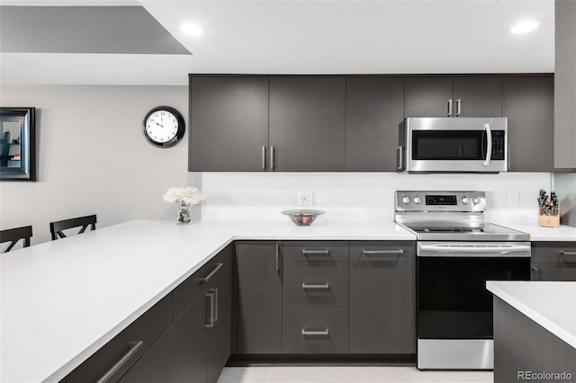 5955 E 10th Ave Unit 507, Denver, CO 80220 - kitchen with appliances with stainless steel finishes, light countertops, recessed lighting, a peninsula, and modern cabinets