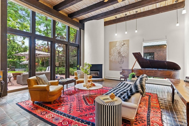 50 Albion St, Denver, CO 80220 - living room featuring a large fireplace, a wooden ceiling with exposed beams, plenty of natural light, and a high ceiling