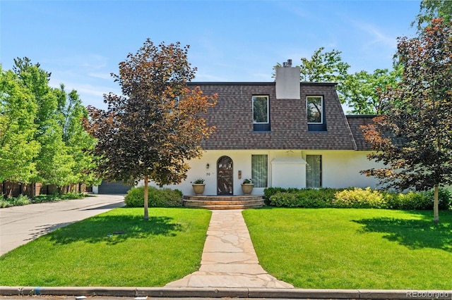 50 Albion St, Denver, CO 80220 - front facade featuring stucco siding, a front lawn, a chimney, a shingled roof, and mansard roof