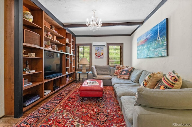 50 Albion St, Denver, CO 80220 - living room featuring a chandelier, an AC wall unit, beamed ceiling, and wood finished floors