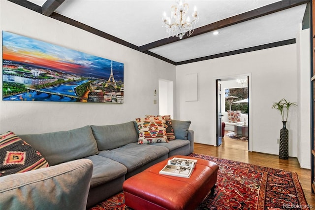 50 Albion St, Denver, CO 80220 - living room featuring beamed ceiling, a chandelier, and wood finished floors