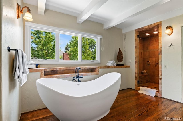 50 Albion St, Denver, CO 80220 - full bath featuring beamed ceiling, a stall shower, a freestanding bath, healthy amount of natural light, and wood finished floors
