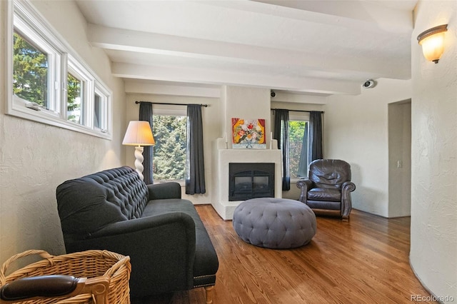 50 Albion St, Denver, CO 80220 - living area featuring beamed ceiling, a textured wall, wood finished floors, and a glass covered fireplace