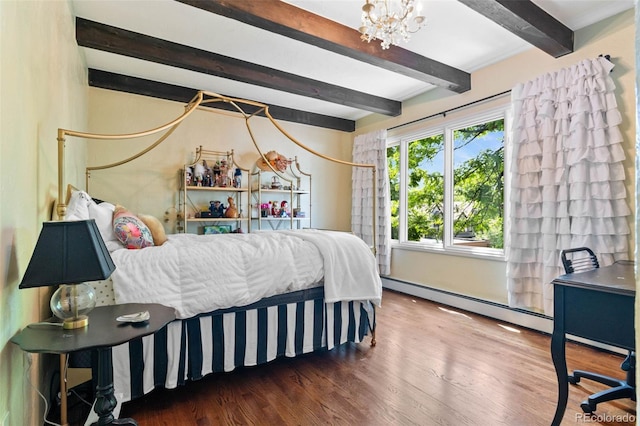 50 Albion St, Denver, CO 80220 - bedroom with beamed ceiling, wood finished floors, a chandelier, and a baseboard heating unit