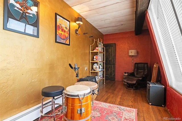 50 Albion St, Denver, CO 80220 - sitting room with wood finished floors, wood ceiling, and a textured wall