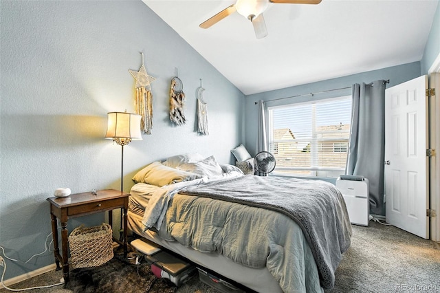 15612 E 96th Way Unit 20B, Commerce City, CO 80022 - bedroom featuring carpet flooring, lofted ceiling, a textured wall, and a ceiling fan