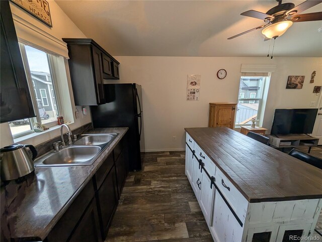 10795 County Road 197a Unit 137, Nathrop, CO 81236 - kitchen featuring a sink, dark wood-type flooring, freestanding refrigerator, a ceiling fan, and a kitchen island