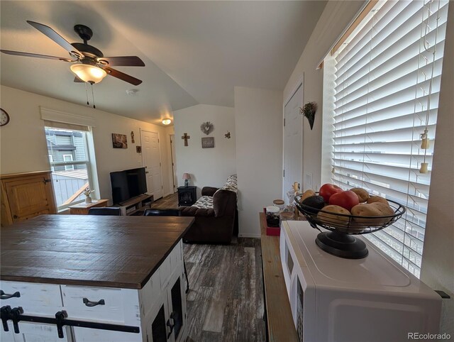 10795 County Road 197a Unit 137, Nathrop, CO 81236 - kitchen featuring dark wood-type flooring, lofted ceiling, a ceiling fan, butcher block countertops, and open floor plan