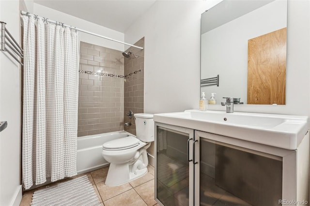 bathroom featuring vanity, tile patterned floors, toilet, and shower / bathtub combination with curtain