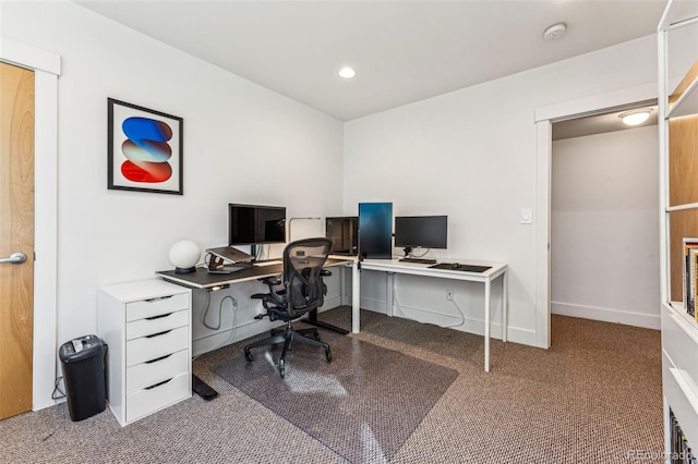 carpeted office space featuring recessed lighting and baseboards