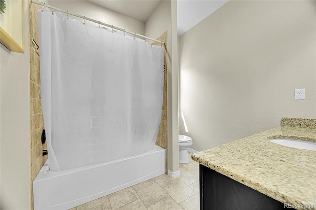 6829 Juniper Ct, Frederick, CO 80530 - bathroom featuring toilet, shower / bathtub combination with curtain, tile patterned floors, and vanity