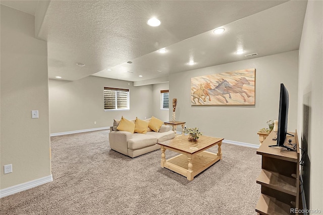 6829 Juniper Ct, Frederick, CO 80530 - living room featuring carpet flooring, baseboards, recessed lighting, and a textured ceiling