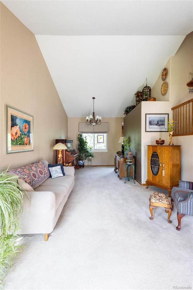 10218 Woodrose Ct, Highlands Ranch, CO 80129 - carpeted living area with lofted ceiling, a chandelier, and baseboards