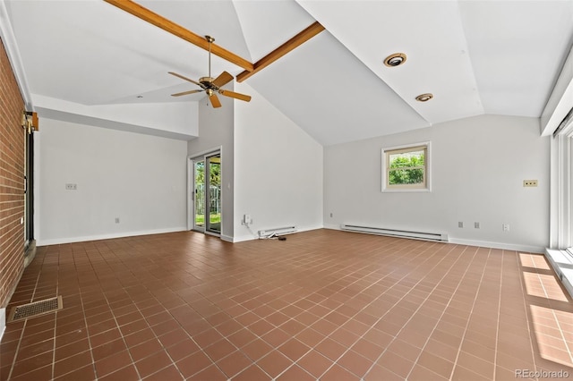 1844 S Pontiac Way, Denver, CO 80224 - unfurnished living room with a baseboard heating unit, a ceiling fan, baseboards, and high vaulted ceiling