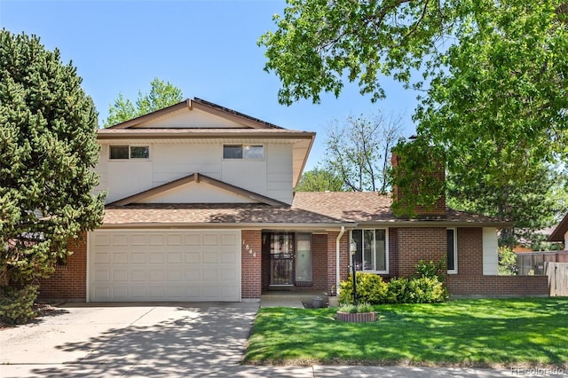 1844 S Pontiac Way, Denver, CO 80224 - view of front facade with driveway, brick siding, a garage, a shingled roof, and a chimney