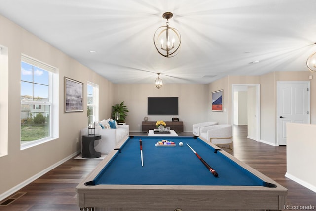 1983 Candleglow St, Castle Rock, CO 80109 - rec room with a chandelier, dark wood finished floors, and billiards