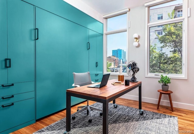 office space featuring a wealth of natural light, light wood-style flooring, a view of city, and baseboards