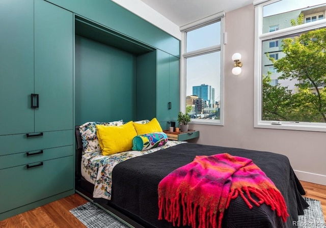 bedroom with a city view and wood finished floors