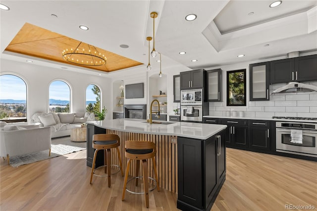 kitchen with pendant lighting, a center island with sink, sink, a tray ceiling, and stainless steel appliances