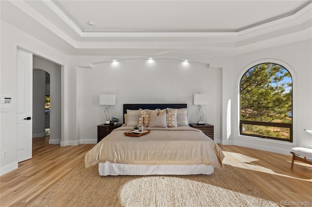 bedroom with light hardwood / wood-style floors, a raised ceiling, and ornamental molding