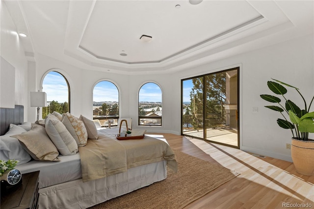 bedroom featuring a raised ceiling, access to exterior, light hardwood / wood-style flooring, and multiple windows