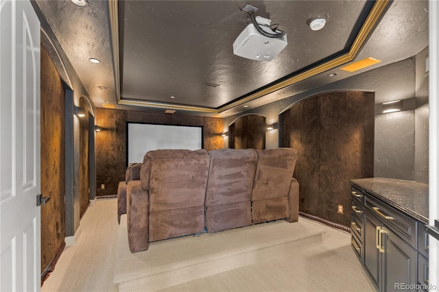 cinema featuring light colored carpet, crown molding, and a tray ceiling