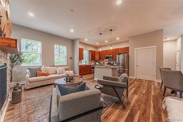 living room with a stone fireplace and light hardwood / wood-style floors