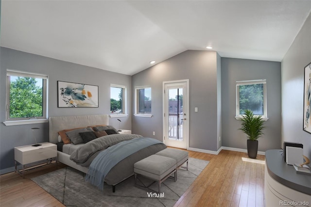 bedroom with lofted ceiling, access to outside, light wood-type flooring, and baseboards