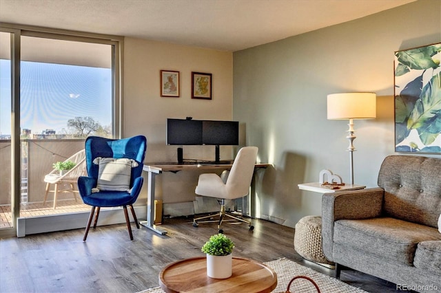 interior space featuring a wall of windows and wood finished floors