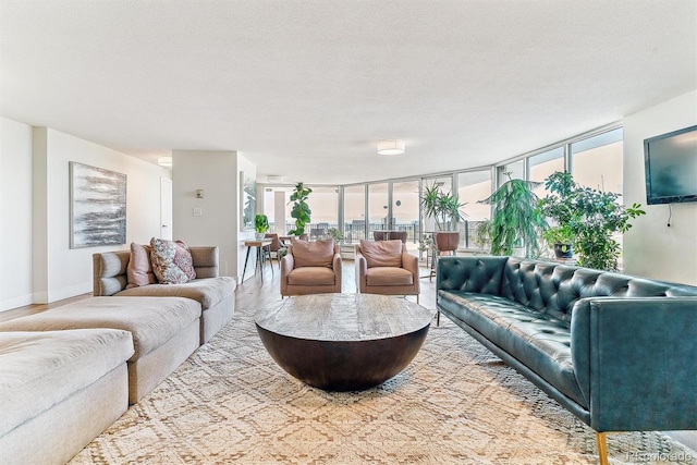 living room with floor to ceiling windows and wood finished floors
