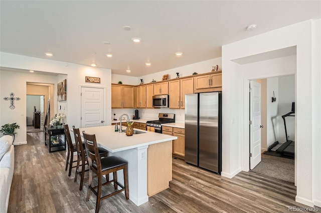 kitchen with stainless steel appliances, a sink, dark wood-style flooring, a kitchen island with sink, and recessed lighting