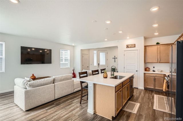 kitchen featuring a sink, open floor plan, an island with sink, dark wood-style flooring, and recessed lighting