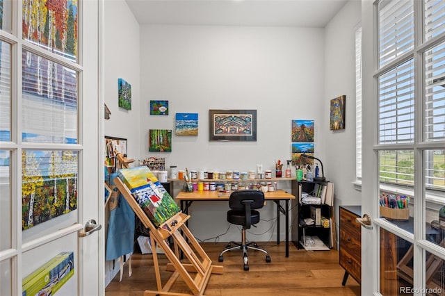 home office with hardwood / wood-style flooring