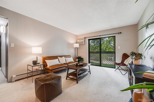 7770 W 38th Ave Unit 207, Wheat Ridge, CO 80033 - living room with carpet flooring, baseboard heating, a wall mounted air conditioner, and a textured ceiling