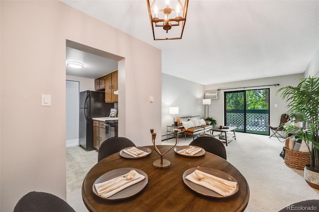 7770 W 38th Ave Unit 207, Wheat Ridge, CO 80033 - dining area featuring light carpet, a wall unit AC, and a chandelier