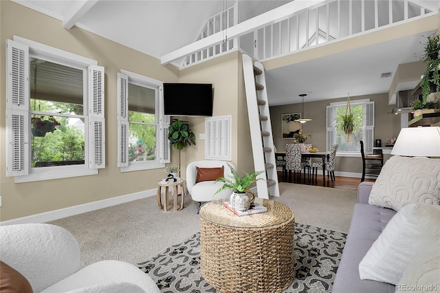 503 15th St, Golden, CO 80401 - carpeted living area with baseboards and a high ceiling