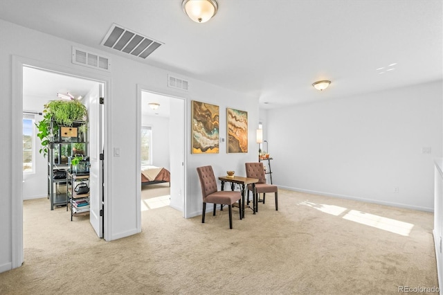 sitting room featuring light carpet