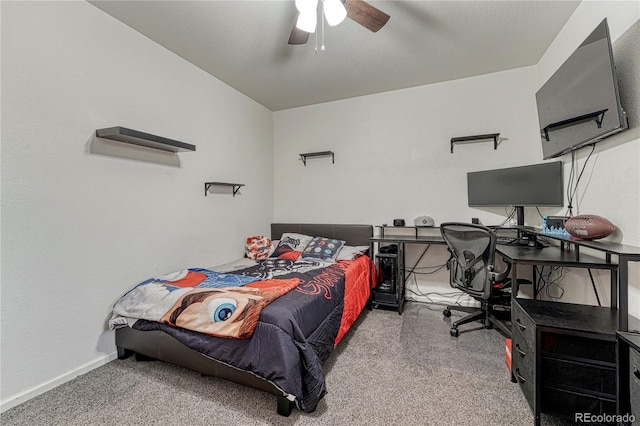 bedroom featuring carpet, baseboards, and ceiling fan