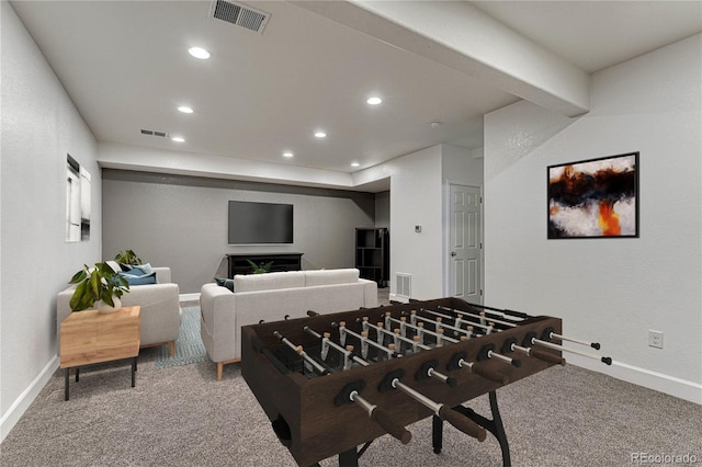 playroom with baseboards, carpet, visible vents, and recessed lighting