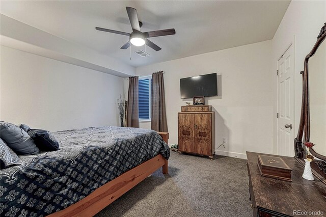 bedroom featuring carpet, visible vents, ceiling fan, and baseboards